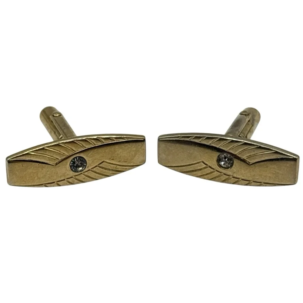 Vintage Gold Tone Cufflinks MCM Clear Rhinestone Geometric‎ Long Bar Design